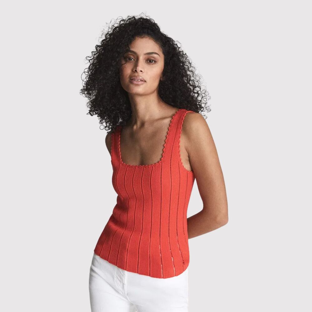 Reiss Womens Top Red Dory Stitch Interest Square Neck Vest Tank Stretch Small